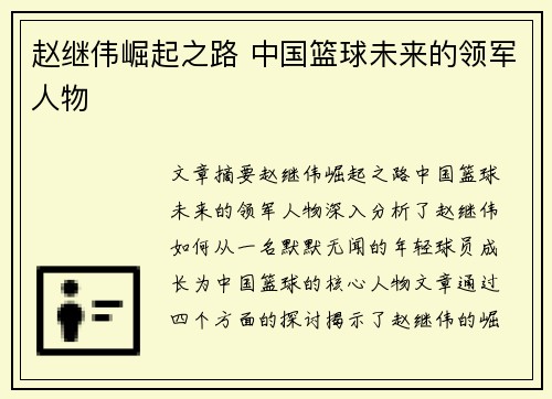 赵继伟崛起之路 中国篮球未来的领军人物 赵继伟崛起之路 中国篮球未来的领军人物